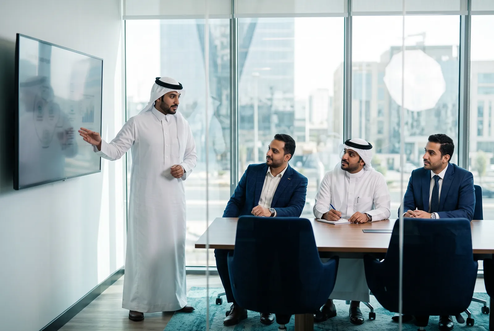 فريق يخطط لإطلاق سرج في قاعة اجتماعات